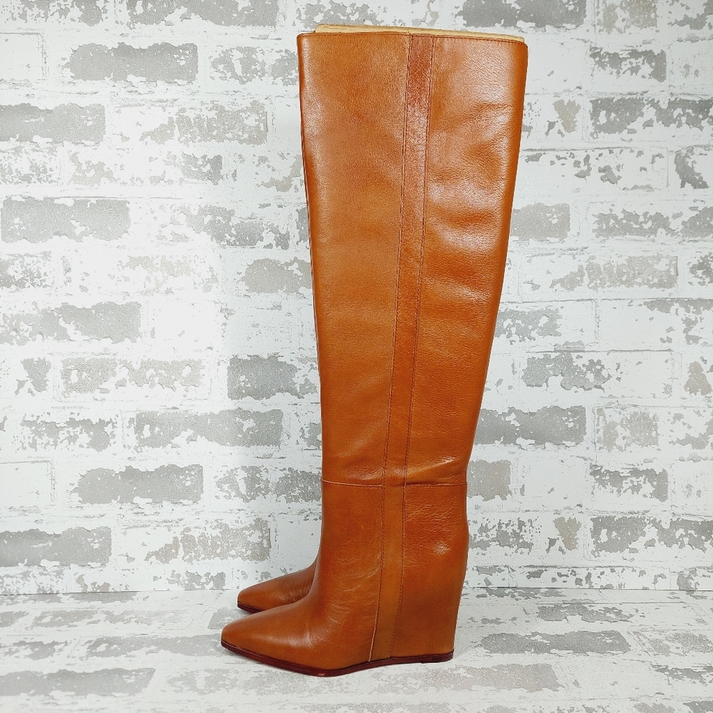 New Vince Camuto Tiasie Brown Leather Wedge Knee High Boots B591